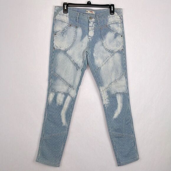 Free People Blue and White Railroad Striped Moto Skinny Jeans. Size 28. - Picture 1 of 12